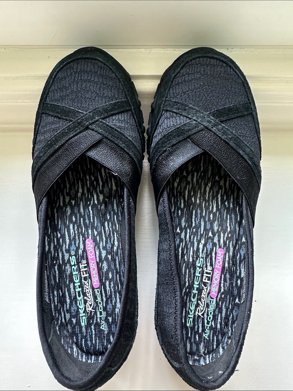 Skechers Black Slip-On Crisscross Comfort Flats